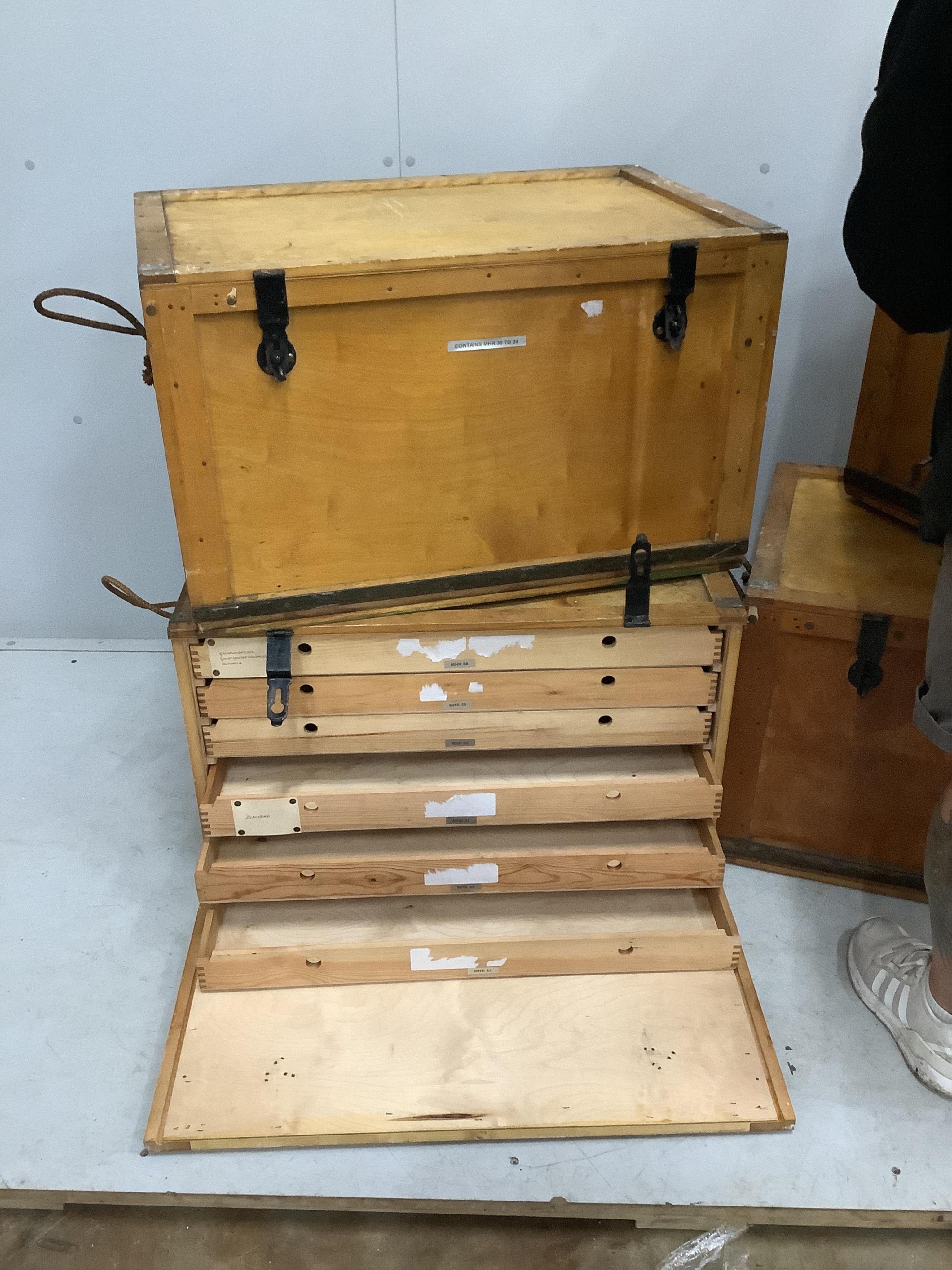 Four vintage Venesta storage trunks, width 76cm, depth 50cm, height 46cm., Provenance - Harrison Zoological Museum, Bowerwood House in Sevenoaks., Condition - fair